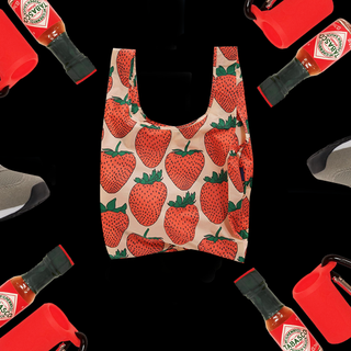 travel gifts baggu bag, tennis shoes and hot sauce collage